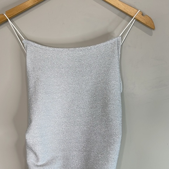 Shein Shimmer Silver Metallic Mini Dress Side Ruched Square Neck Spaghetti XSP - Picture 3 of 11